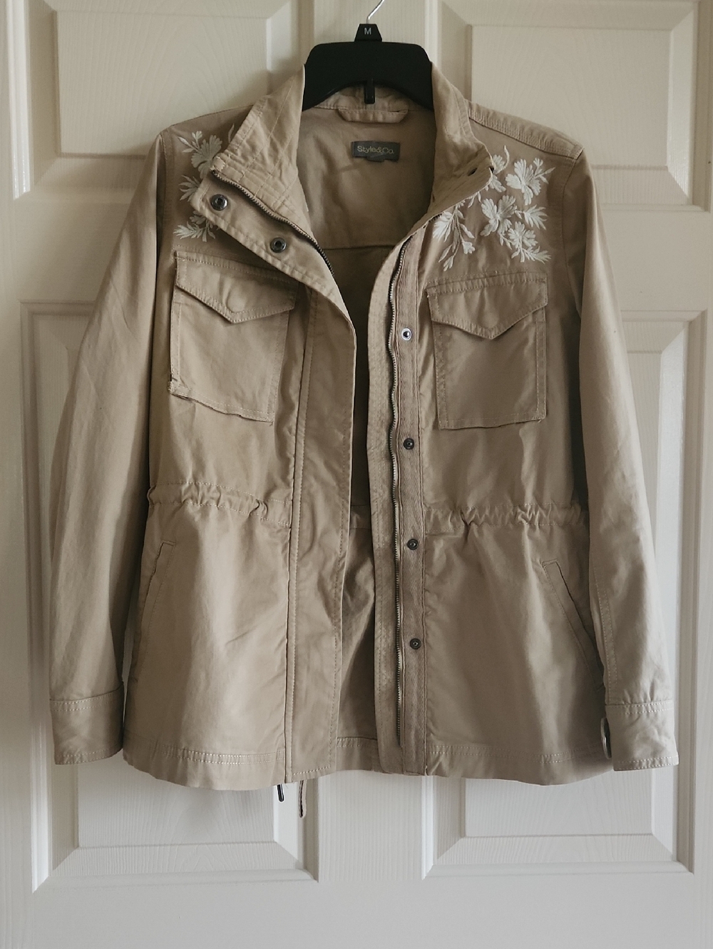 Style & Co. Beige Utility Jacket with White Floral Embroidery